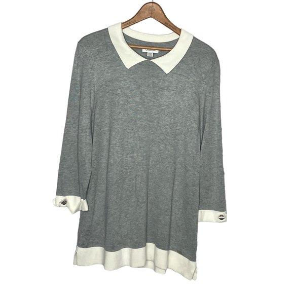 Calvin Klein Size Large‎ L Gray White Collared Stretch Knit Pullover Sweater - Picture 1 of 5